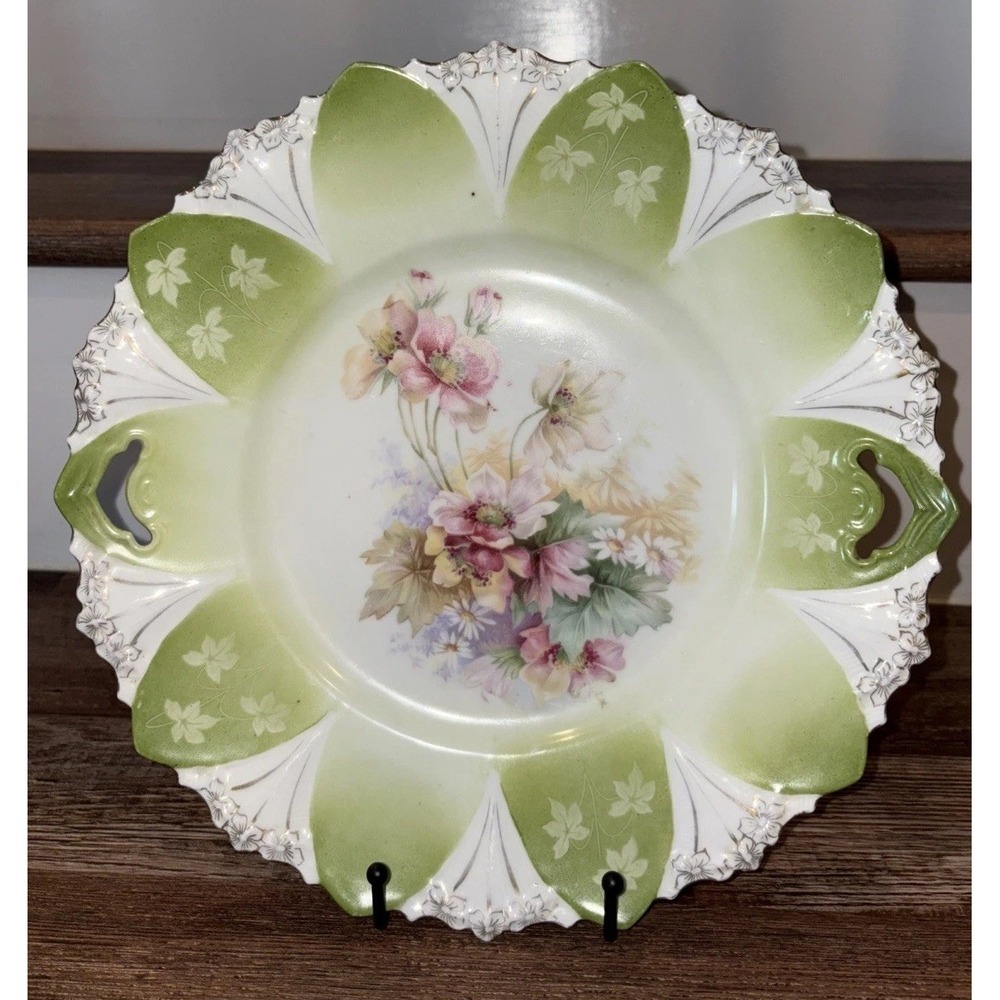 Antique ROYAL VIENNA Floral Plate Green Pink 11.25"